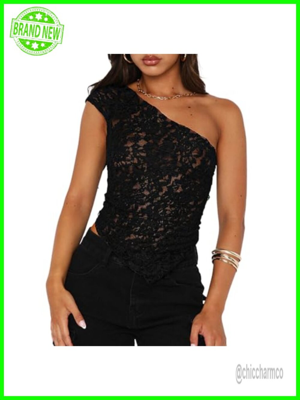 Women One Shoulder Lace Top Irregular Hem Backless Crop Tank See Through